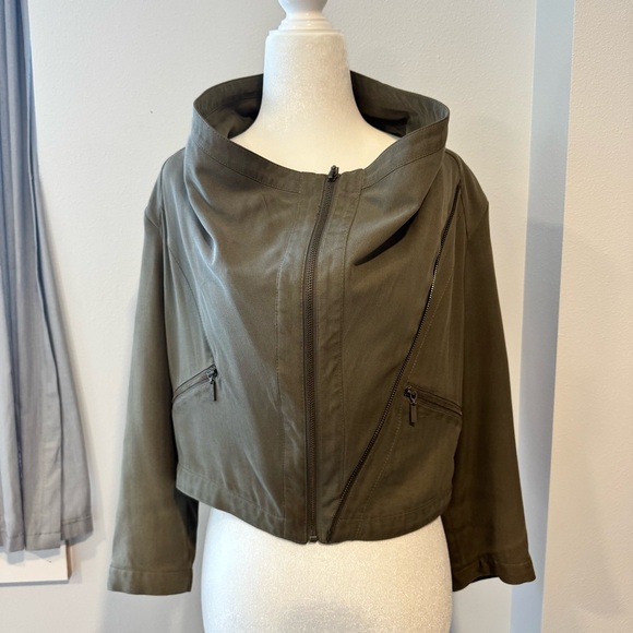 Y2K INC olive green taupe cropped convertible silk moto jacket size medium - Picture 4 of 14